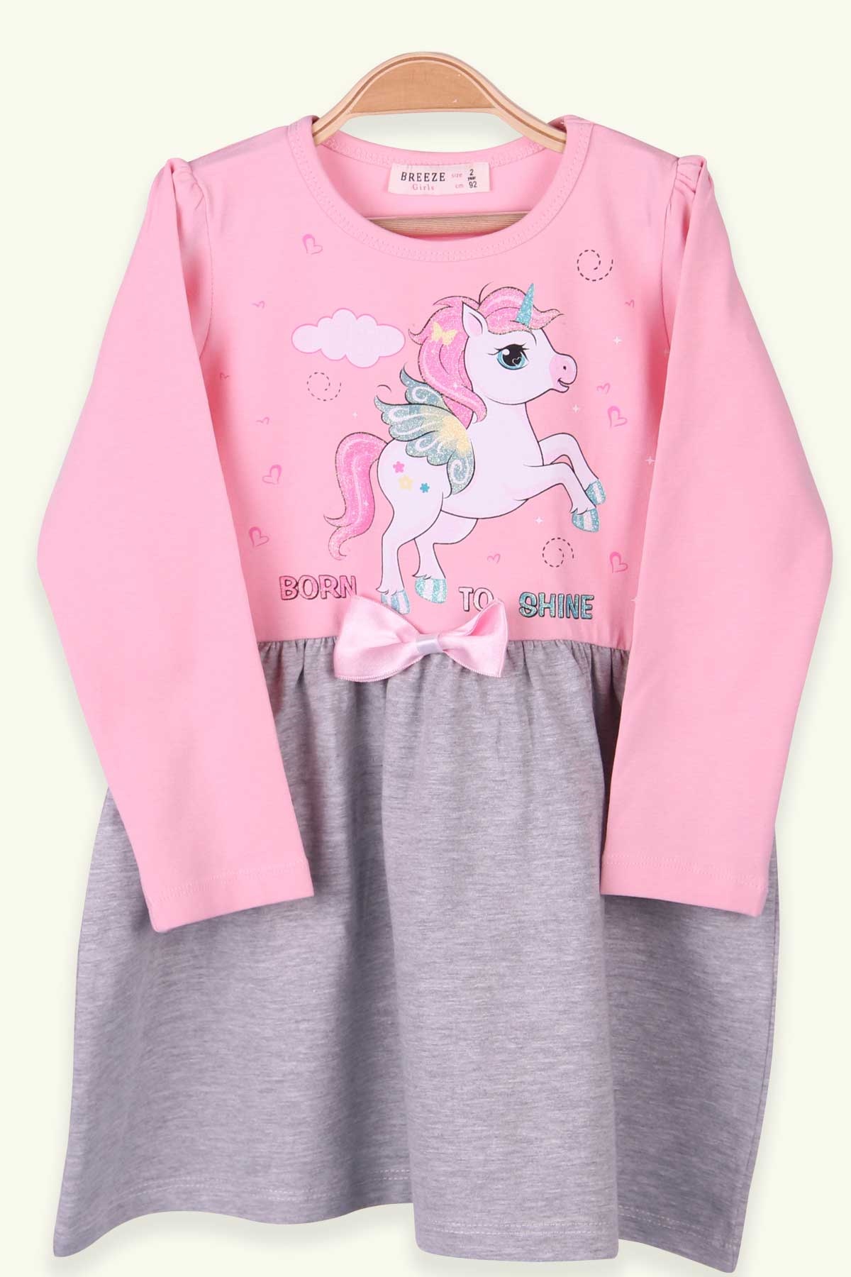 Breeze Kız Çocuk Uzun Kollu Elbise Unicorn Pudra (2-6 Yaş)