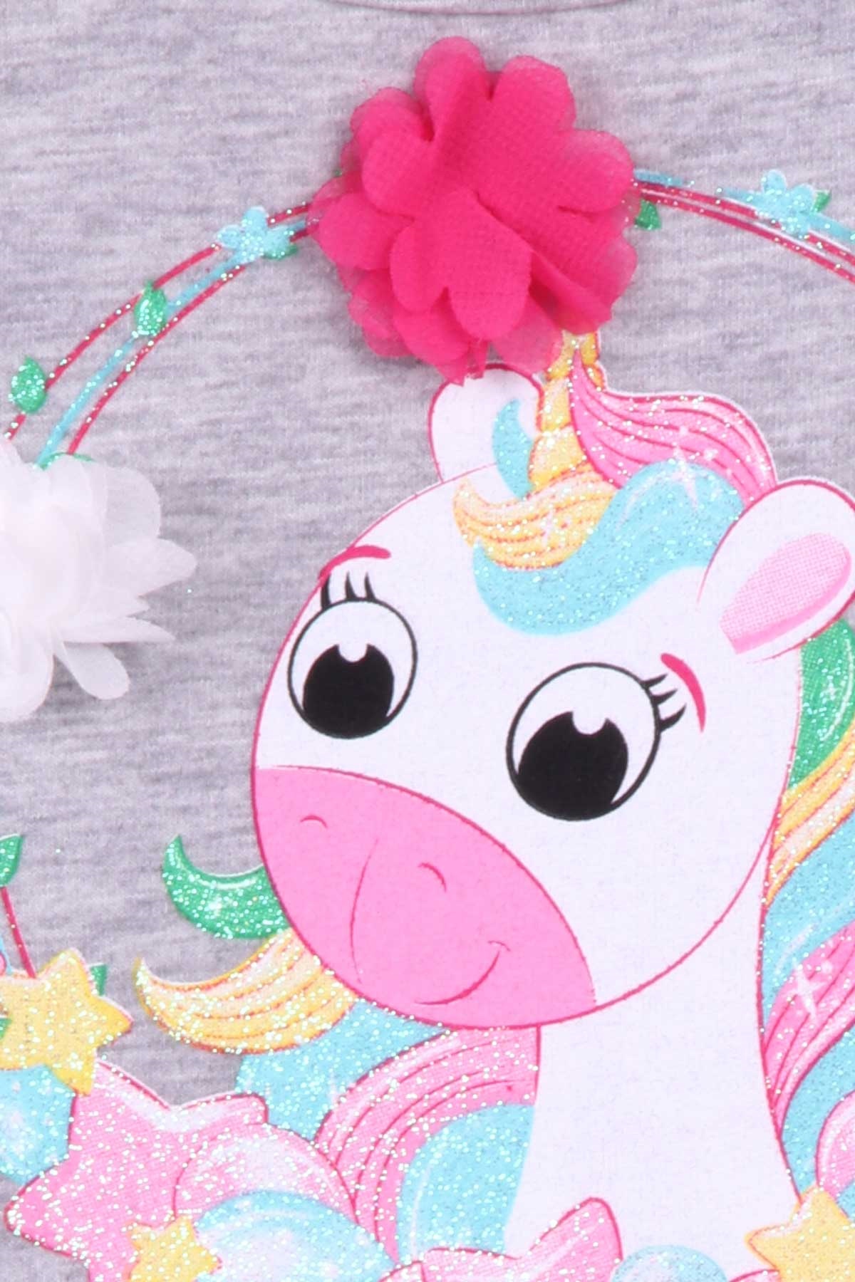 Breeze Kız Çocuk Uzun Kollu Elbise Unicorn Baskılı Gri Melanj (1.5-5 Yaş)