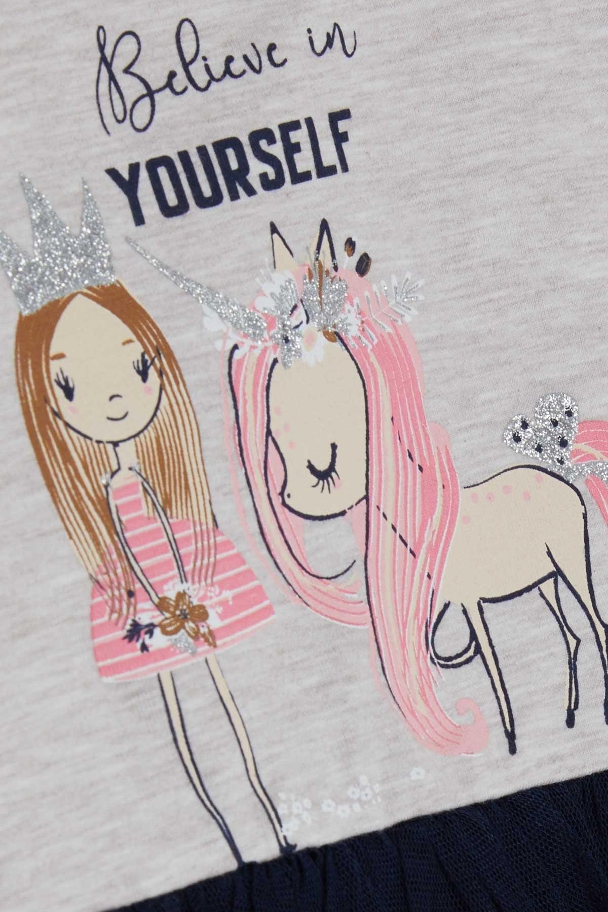 Breeze Kız Çocuk Uzun Kollu Elbise Unicorn Bej Melanj (1.5-5 Yaş)