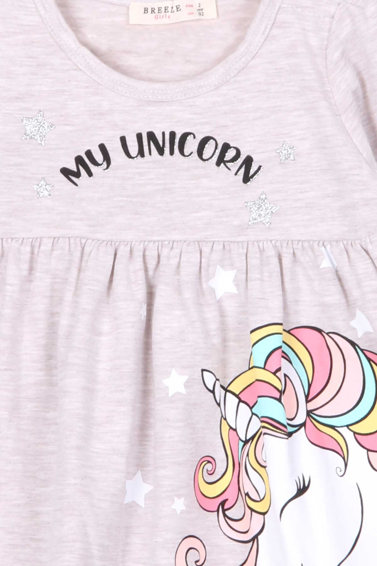 Breeze Kız Çocuk Uzun Kollu Elbise Unicorn Bej Melanj (2-6 Yaş)