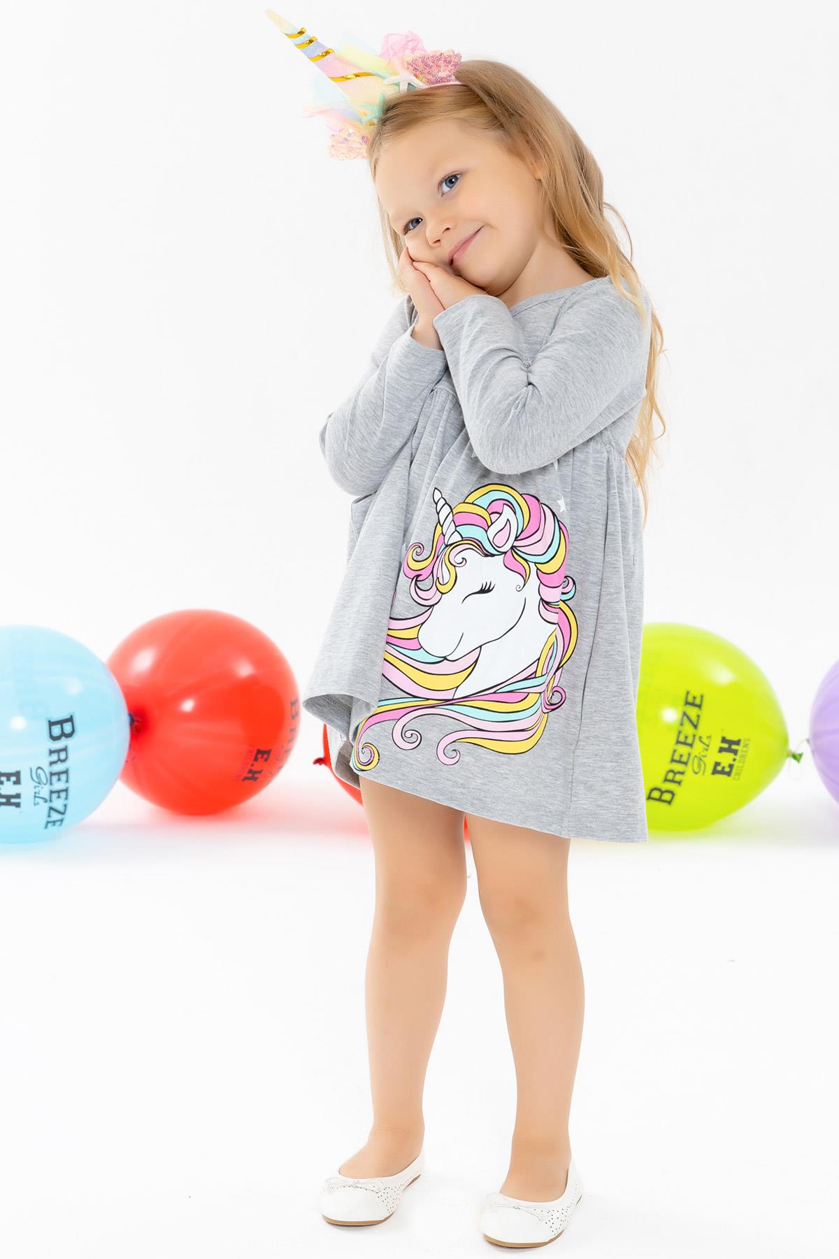 Breeze Kız Çocuk Uzun Kollu Elbise Unicorn Gri Melanj (2-6 Yaş)