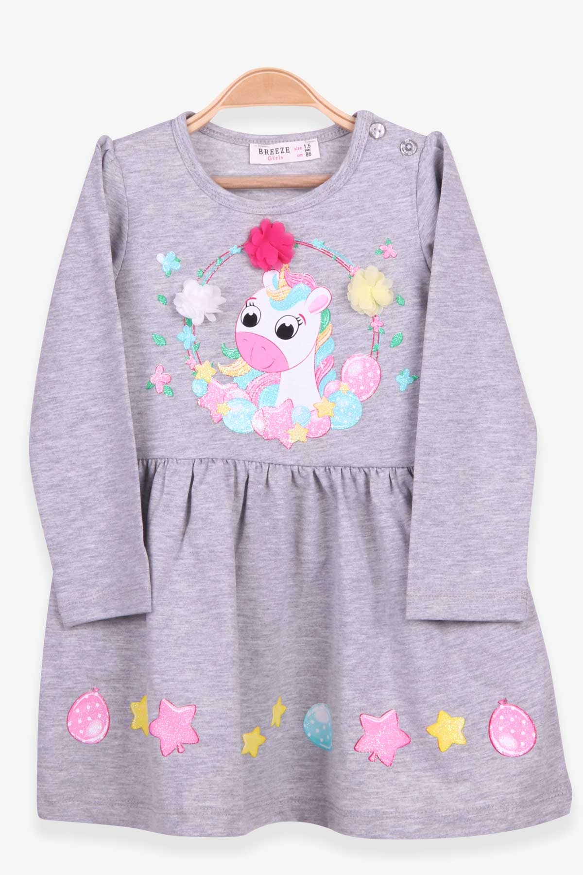 Breeze Kız Çocuk Uzun Kollu Elbise Unicorn Baskılı Gri Melanj (1.5-5 Yaş)