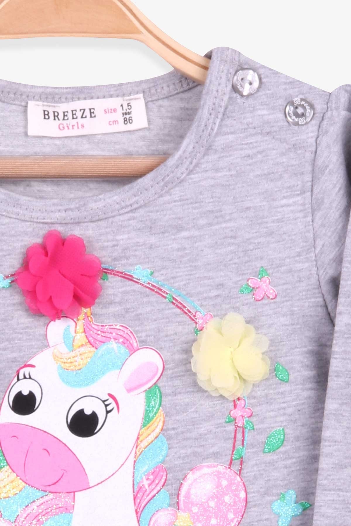 Breeze Kız Çocuk Uzun Kollu Elbise Unicorn Baskılı Gri Melanj (1.5-5 Yaş)