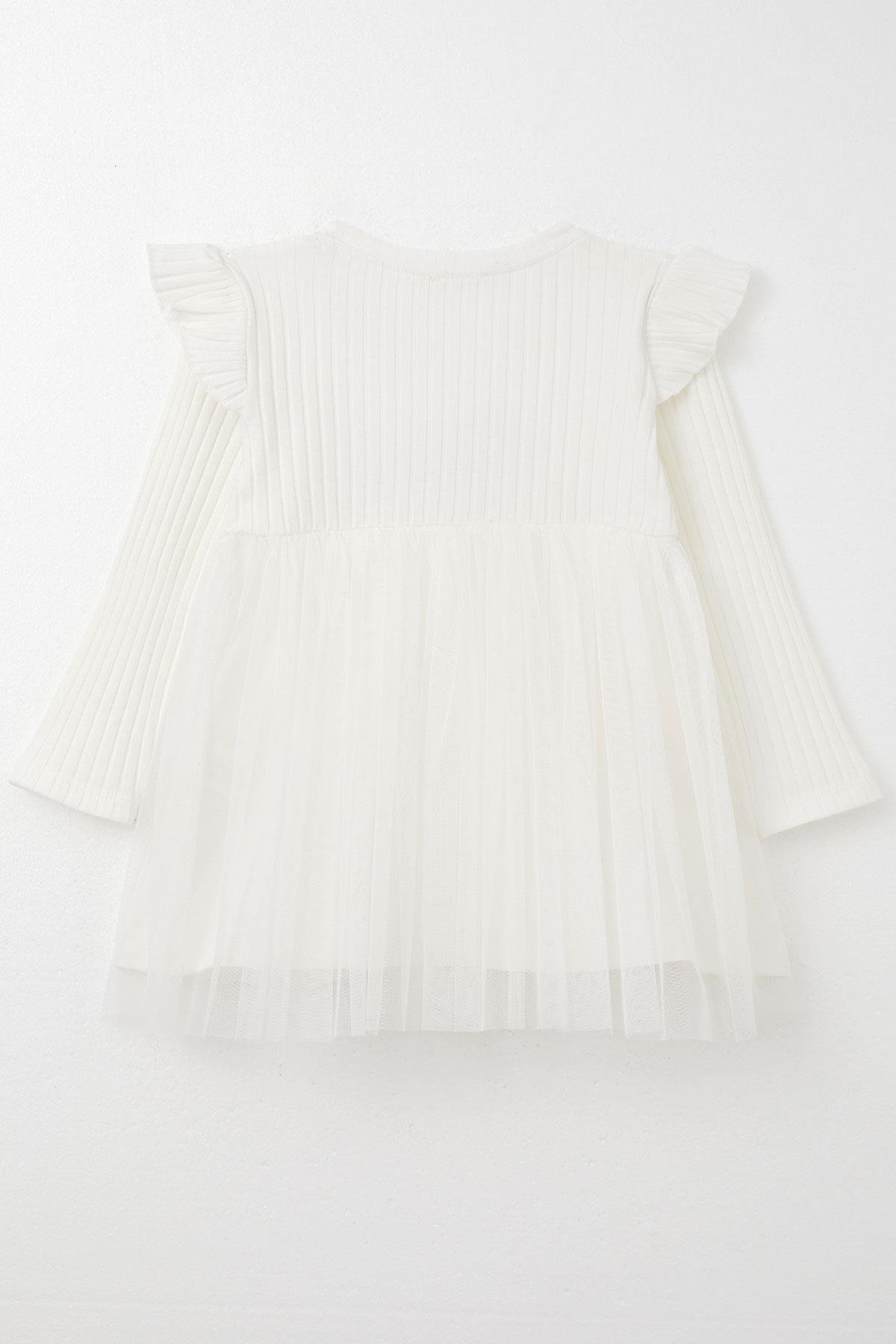 Breeze Kız Çocuk Uzun Kollu Elbise Yazı Nakışlı Ekru (1.5-5 Yaş)