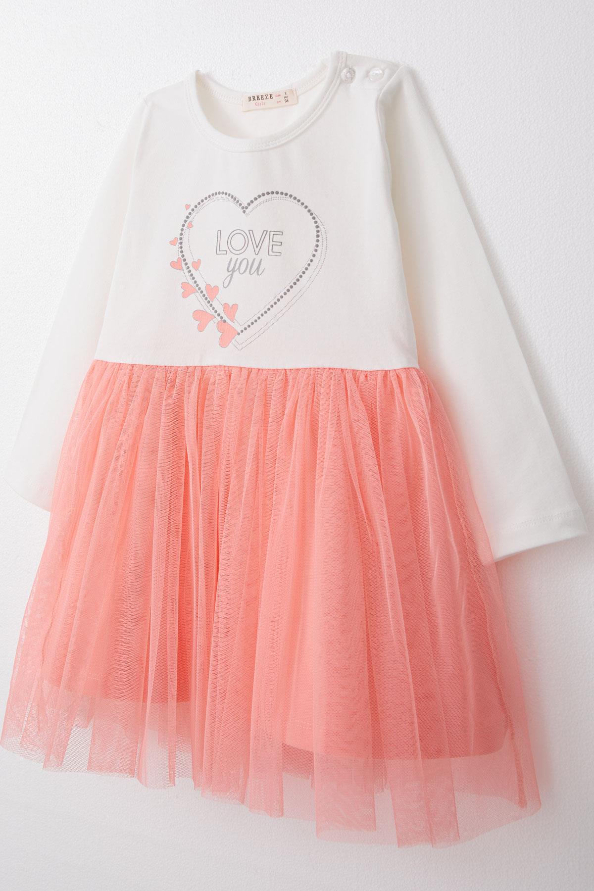 Breeze Kız Çocuk Uzun Kollu Elbise Yazı Baskılı Kalpli Ekru (1.5-5 Yaş)