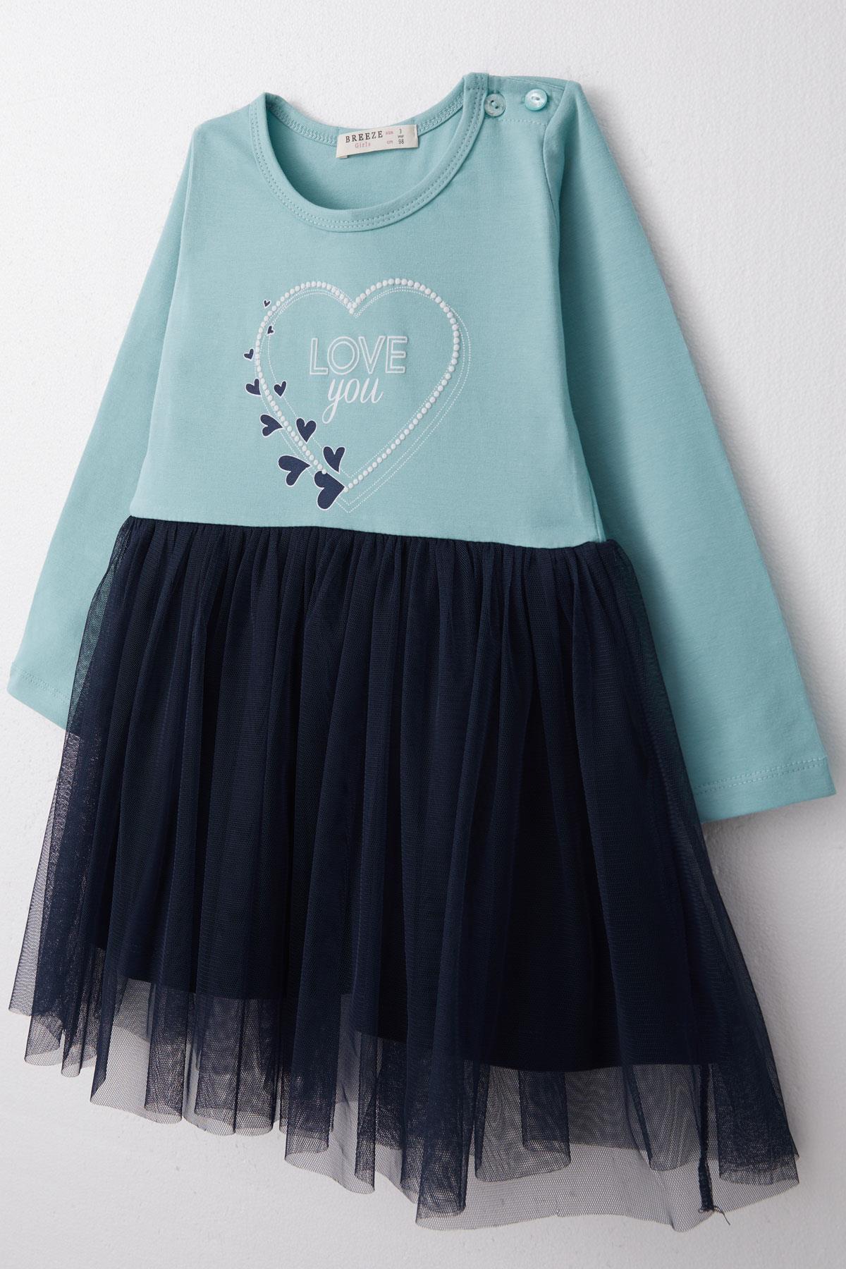 Breeze Kız Çocuk Uzun Kollu Elbise Yazı Baskılı Kalpli Su Yeşili (1.5-5 Yaş)