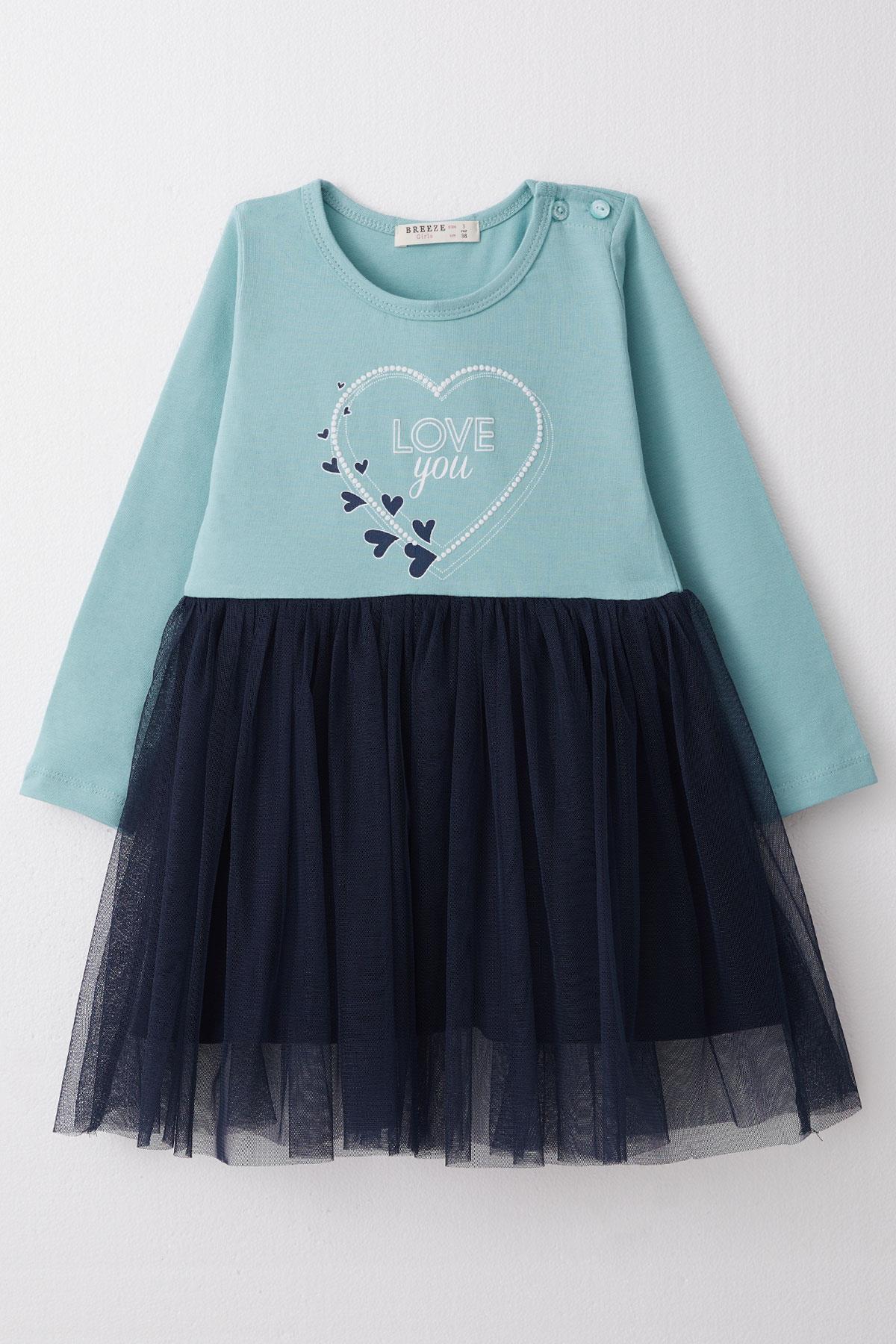 Breeze Kız Çocuk Uzun Kollu Elbise Yazı Baskılı Kalpli Su Yeşili (1.5-5 Yaş)