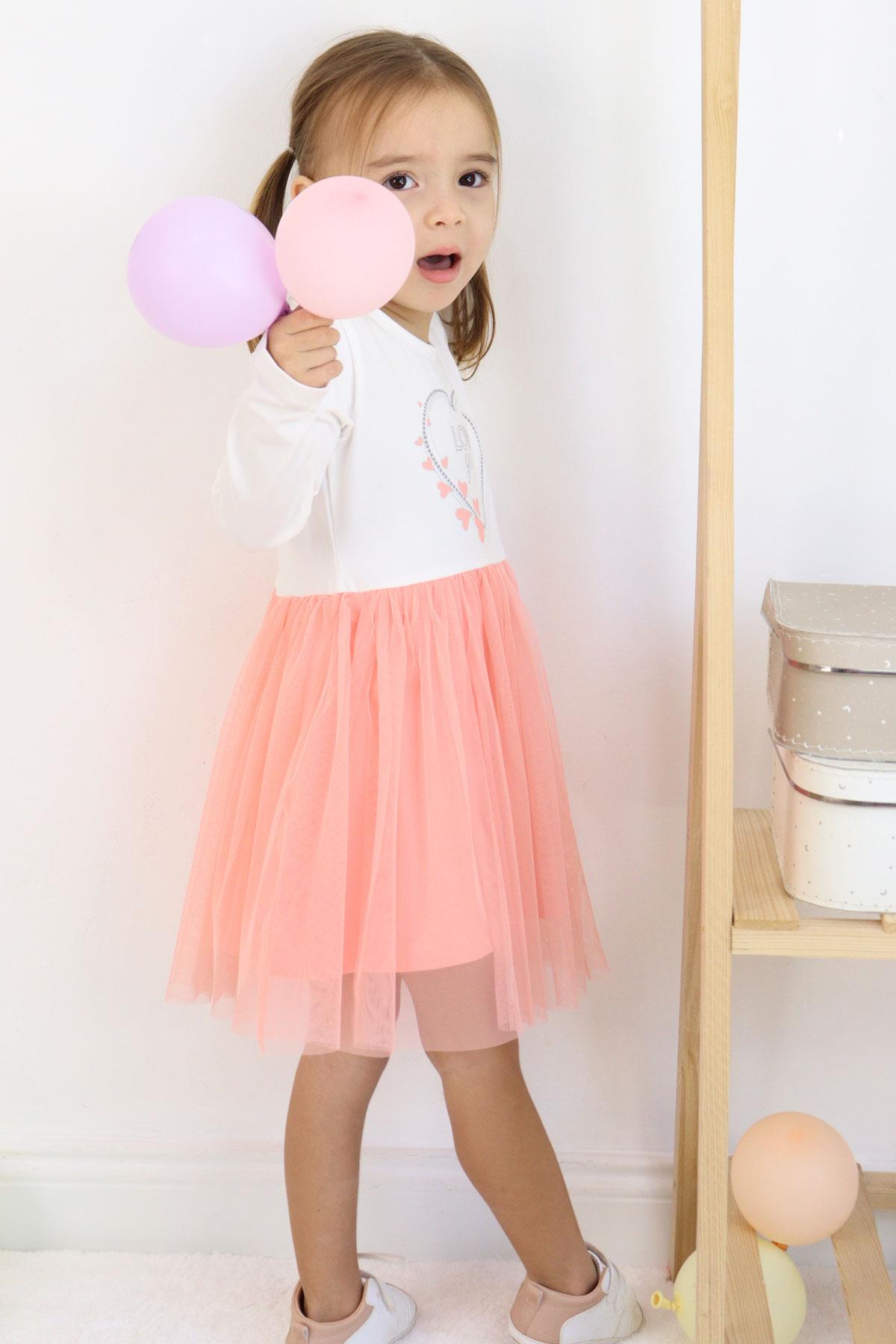 Breeze Kız Çocuk Uzun Kollu Elbise Yazı Baskılı Kalpli Ekru (1.5-5 Yaş)