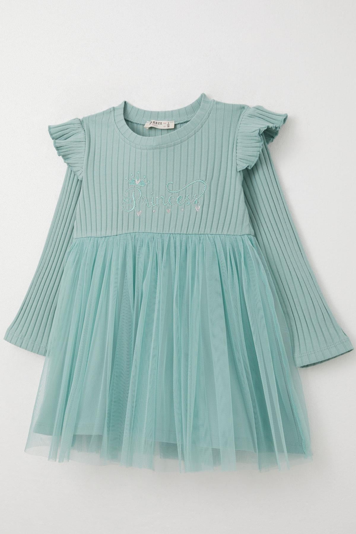 Breeze Kız Çocuk Uzun Kollu Elbise Yazı Nakışlı Mint Yeşili (1.5-5 Yaş)