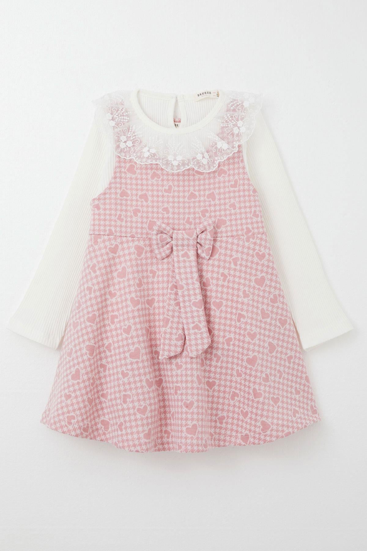 Breeze Kız Çocuk Uzun Kollu Jile Elbise Bodyli Kalp Desenli Pembe (3-8 Yaş)