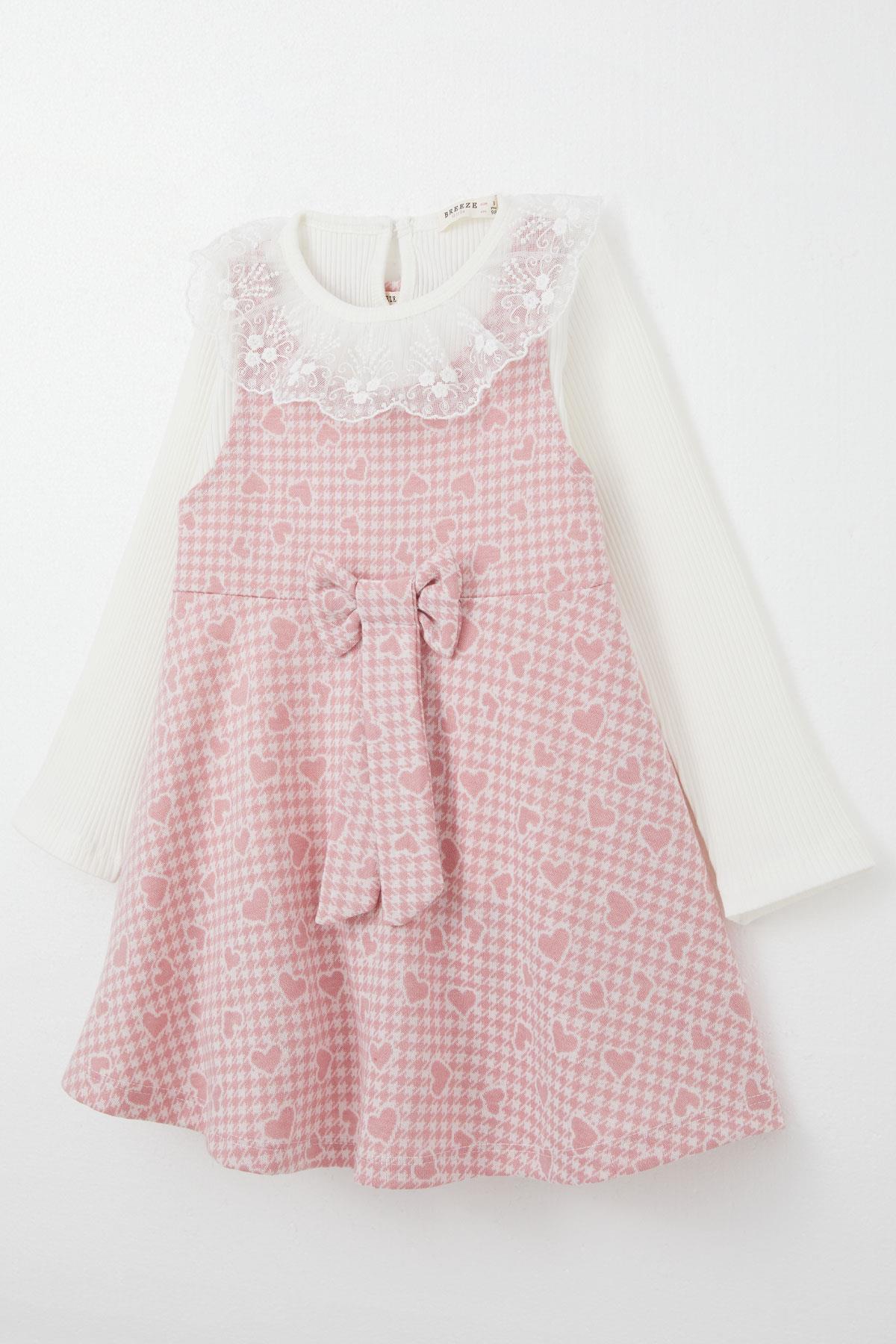 Breeze Kız Çocuk Uzun Kollu Jile Elbise Bodyli Kalp Desenli Pembe (3-8 Yaş)