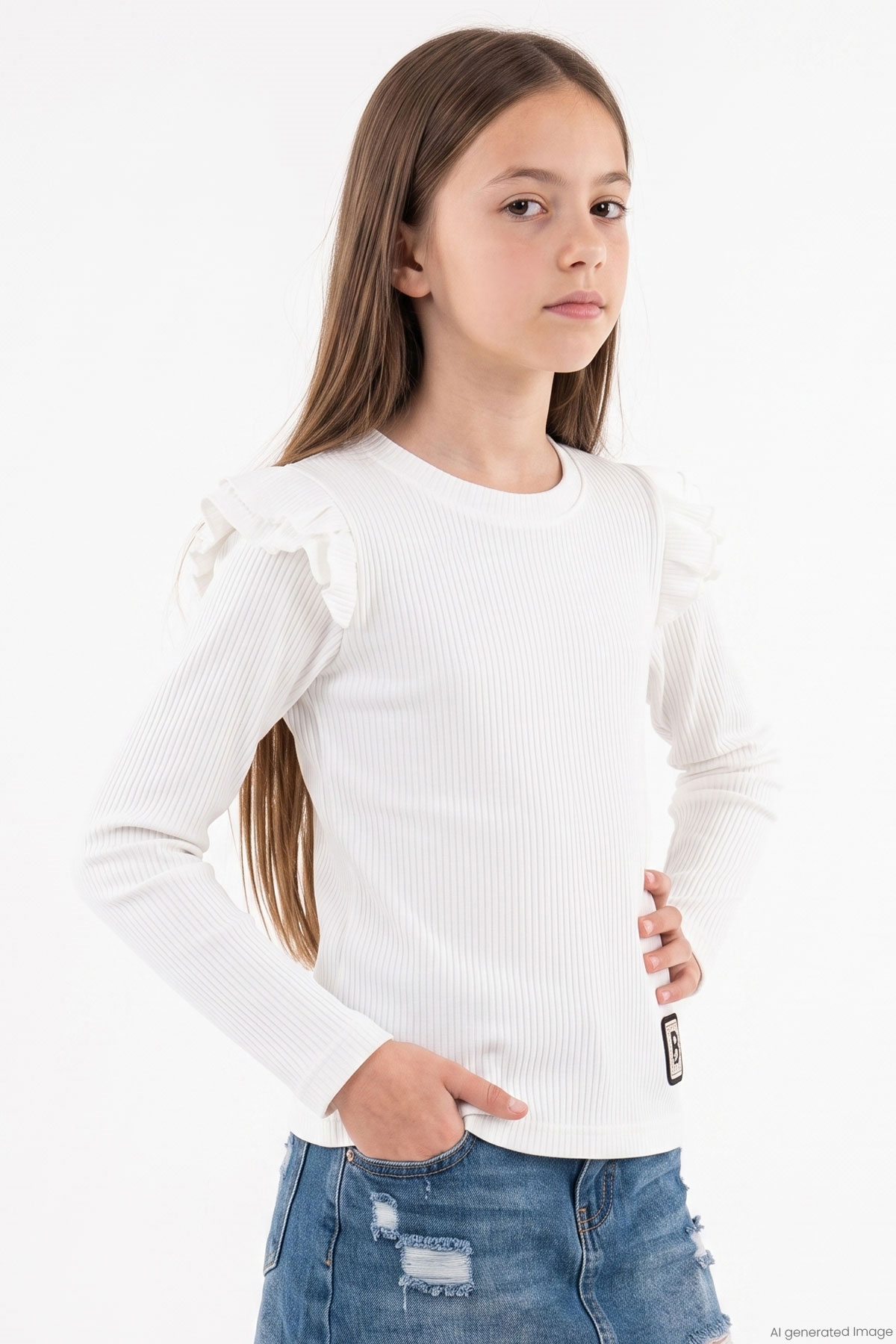Breeze Kız Çocuk Uzun Kollu Tişört Arma Detaylı Omuzu Fırfırlı Ekru (5-10 Yaş)