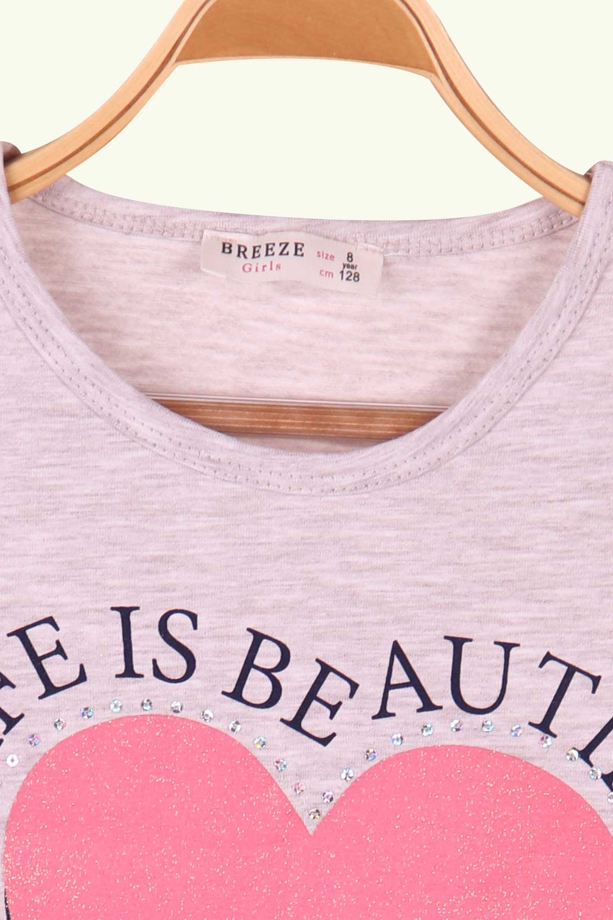 Breeze Kız Çocuk Uzun Kollu Tişört Baskılı Beli Bağcıklı Bej (8-14 Yaş)