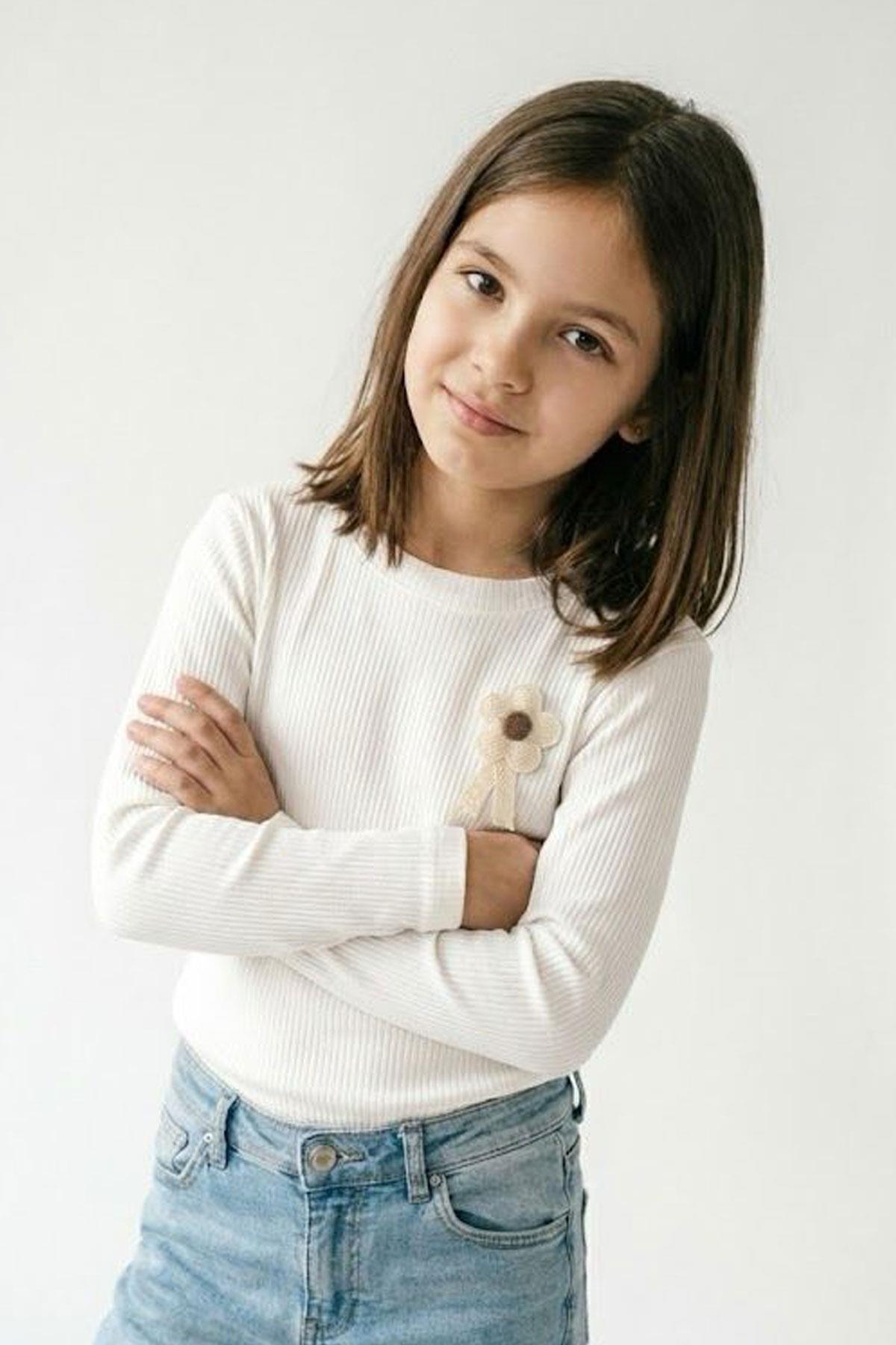 Breeze Kız Çocuk Uzun Kollu Tişört Çiçek Aplike Armalı Ekru (5-10 Yaş)