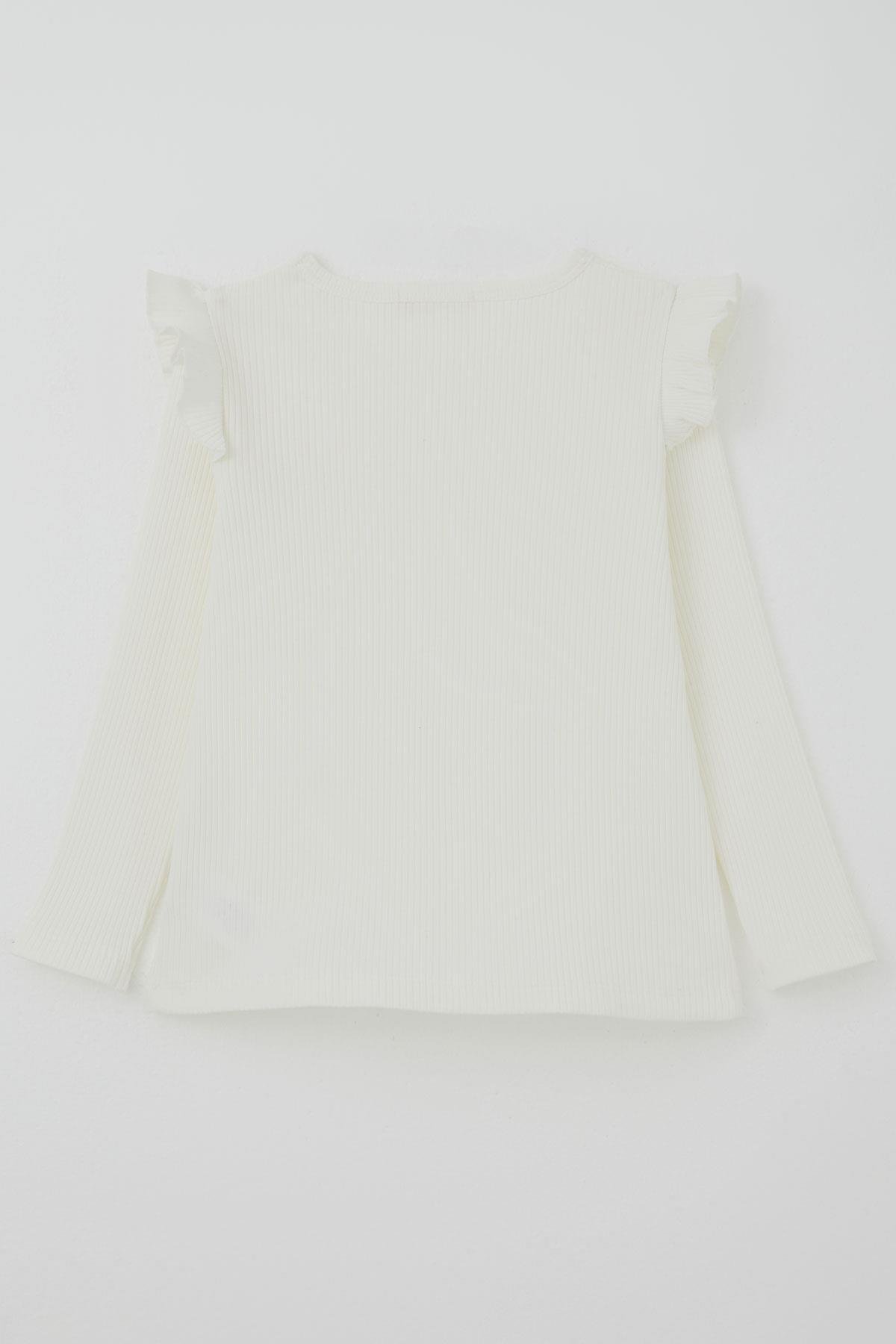 Breeze Kız Çocuk Uzun Kollu Tişört Çiçek Arma Detaylı Omuzu Fırfırlı Ekru (2-6 Yaş)