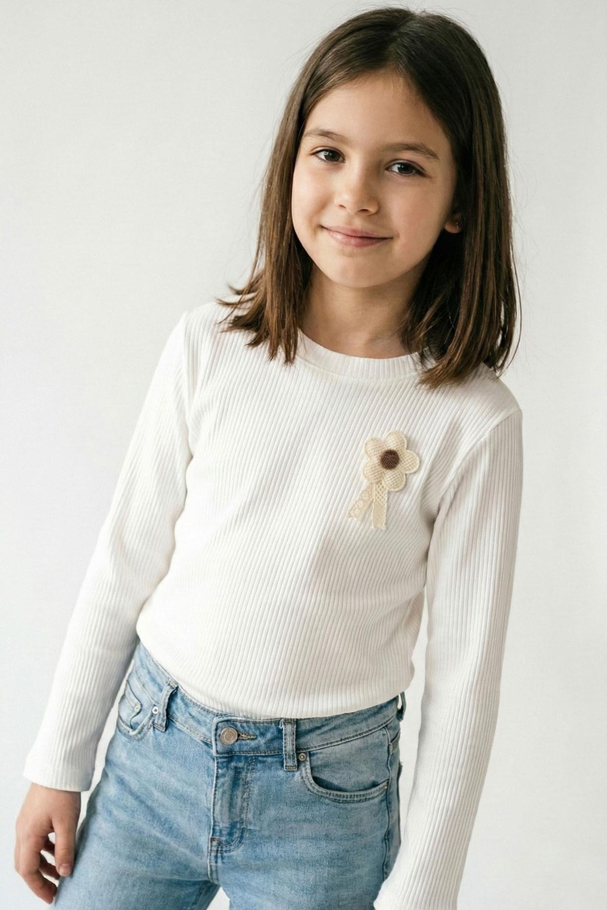 Breeze Kız Çocuk Uzun Kollu Tişört Çiçek Aplike Armalı Ekru (5-10 Yaş)