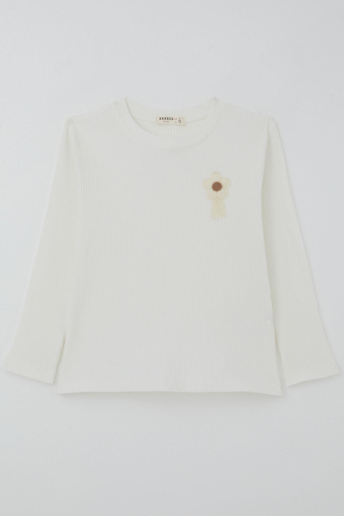 Breeze Kız Çocuk Uzun Kollu Tişört Çiçek Aplike Armalı Ekru (5-10 Yaş)