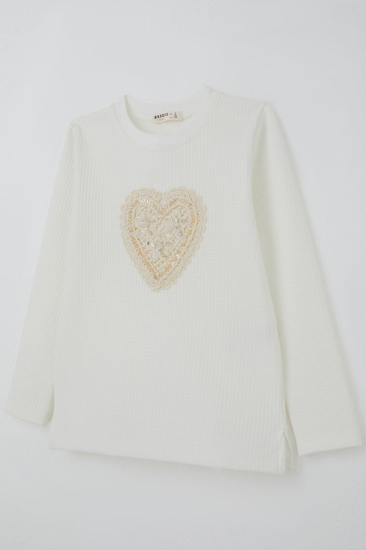 Breeze Kız Çocuk Uzun Kollu Tişört Dantel Aplike Kalp Armalı Pullu Ekru (4-8 Yaş)