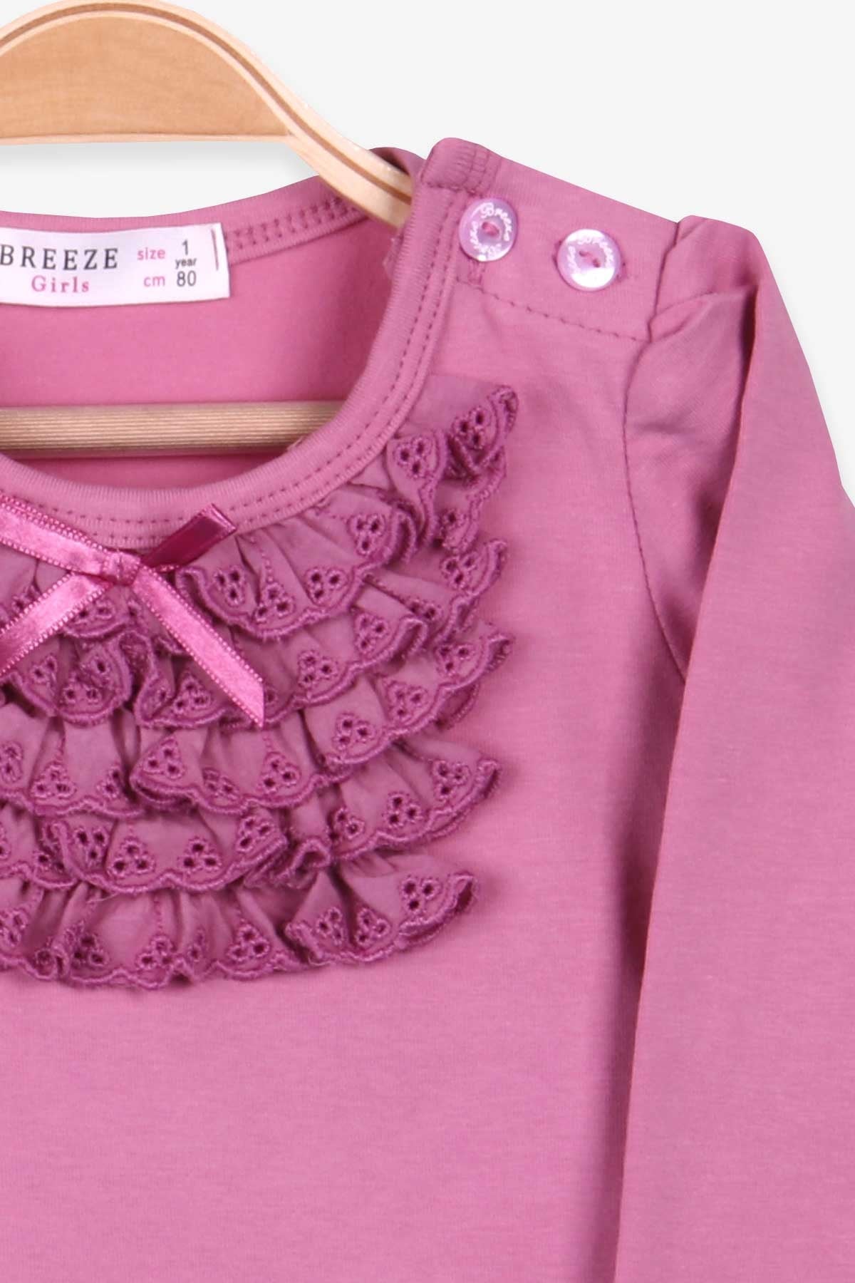 Breeze Kız Çocuk Uzun Kollu Tişört Güpürlü Fiyonklu Mürdüm (6 Ay-2 Yaş)