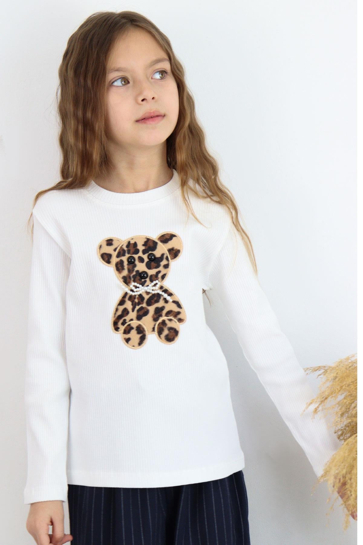 Breeze Kız Çocuk Uzun Kollu Tişört İncili Aplike Leopar Ayıcık Nakışlı Ekru (5-10 Yaş)