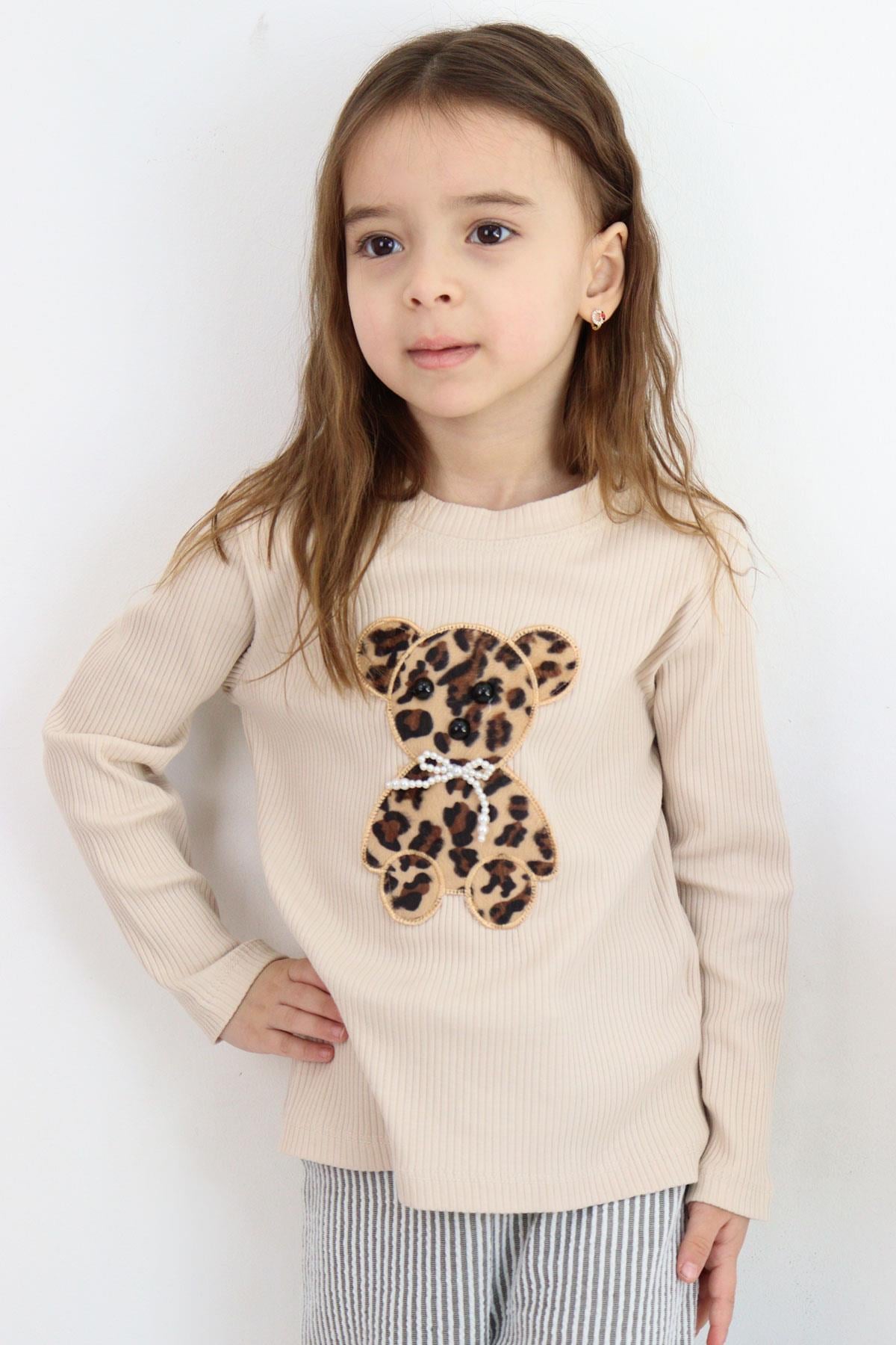 Breeze Kız Çocuk Uzun Kollu Tişört İncili Aplike Leopar Ayıcık Nakışlı Bej (5-10 Yaş)