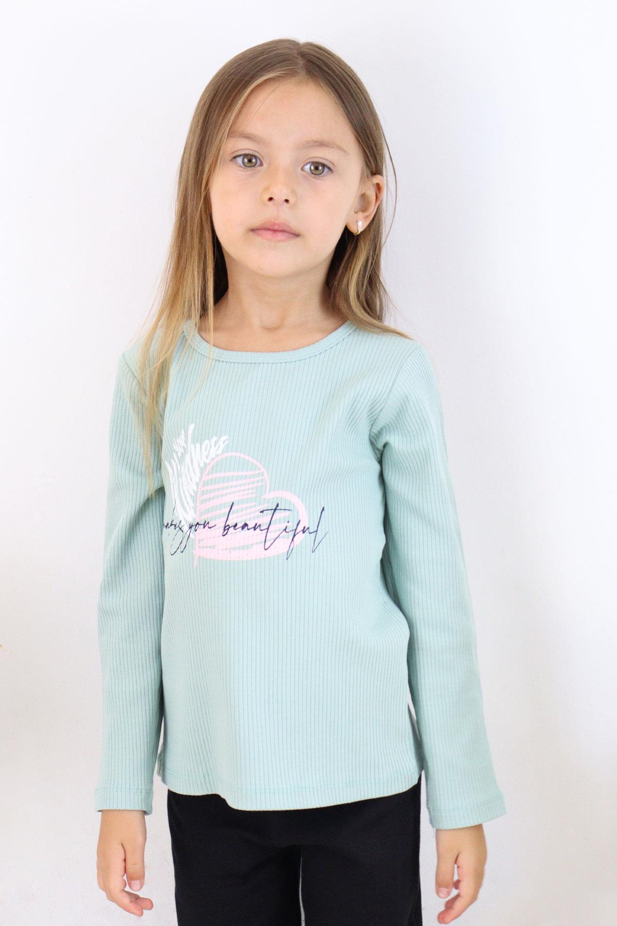 Breeze Kız Çocuk Uzun Kollu Tişört Kalpli Yazı Baskılı Mint Yeşili (4-8 Yaş)