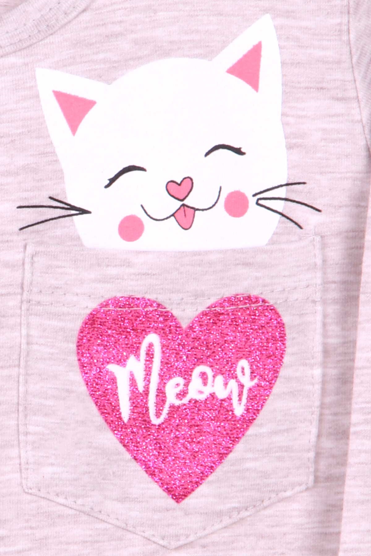 Breeze Kız Çocuk Uzun Kollu Tişört Kedi Baskılı Bej Melanj (1.5-5 Yaş)