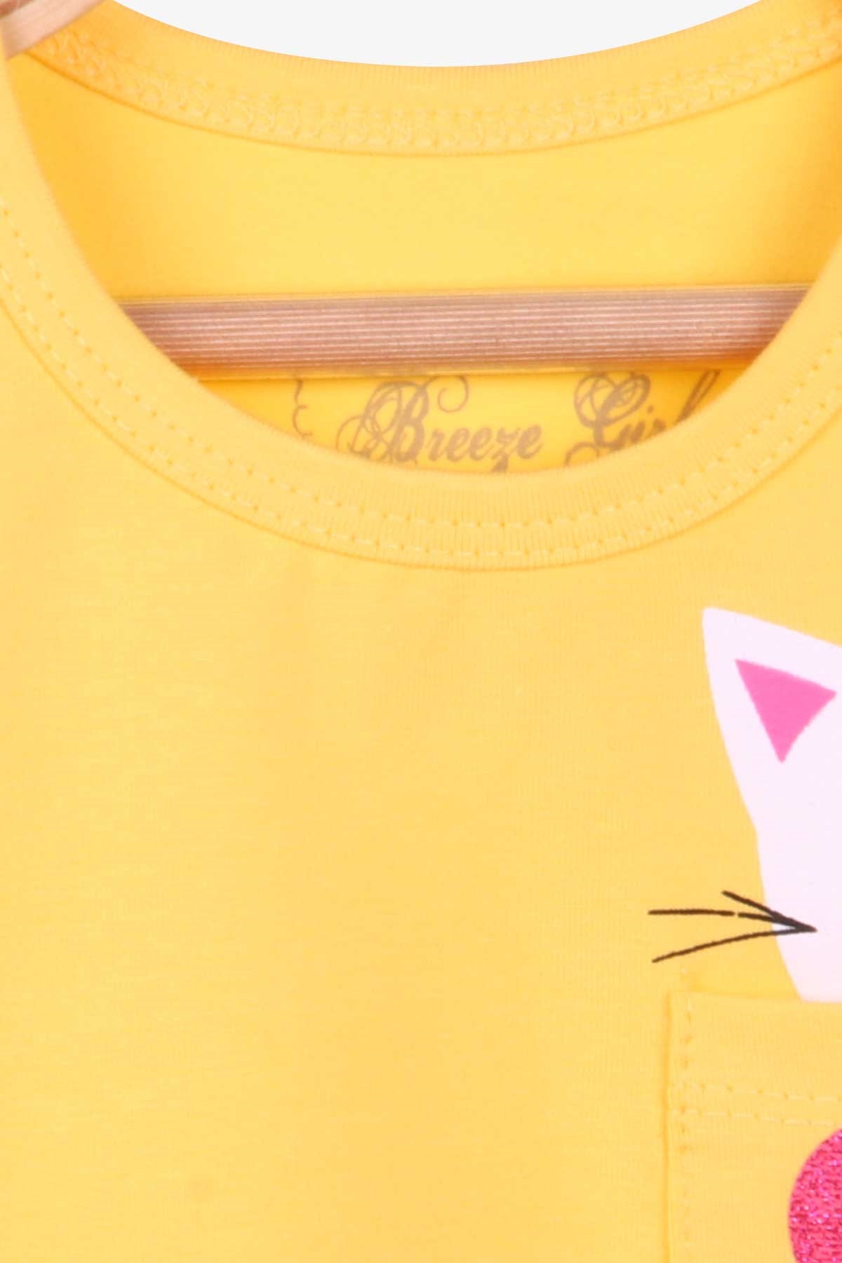 Breeze Kız Çocuk Uzun Kollu Tişört Kedi Baskılı Sarı (1.5-5 Yaş)