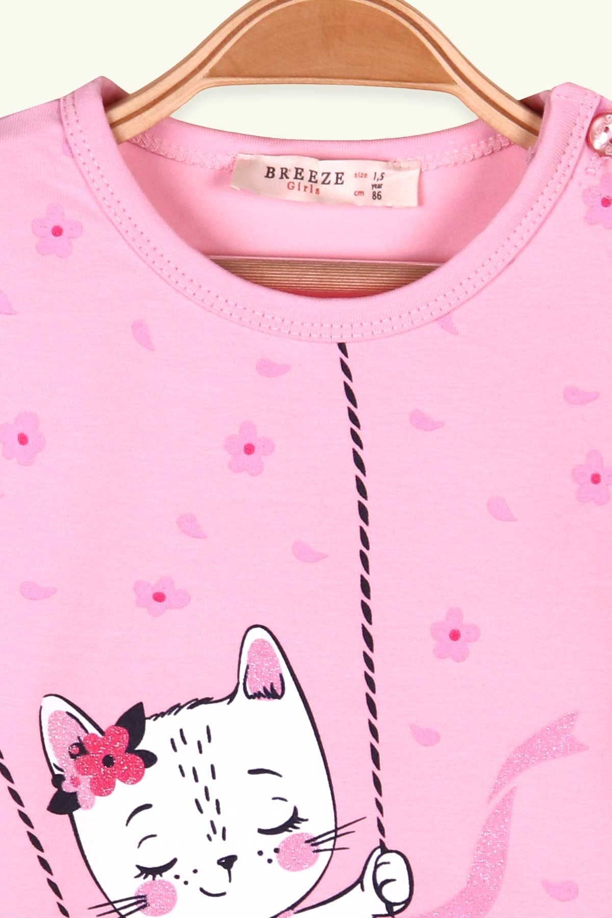 Breeze Kız Çocuk Uzun Kollu Tişört Kedi Baskılı Pudra (1.5-5 Yaş)