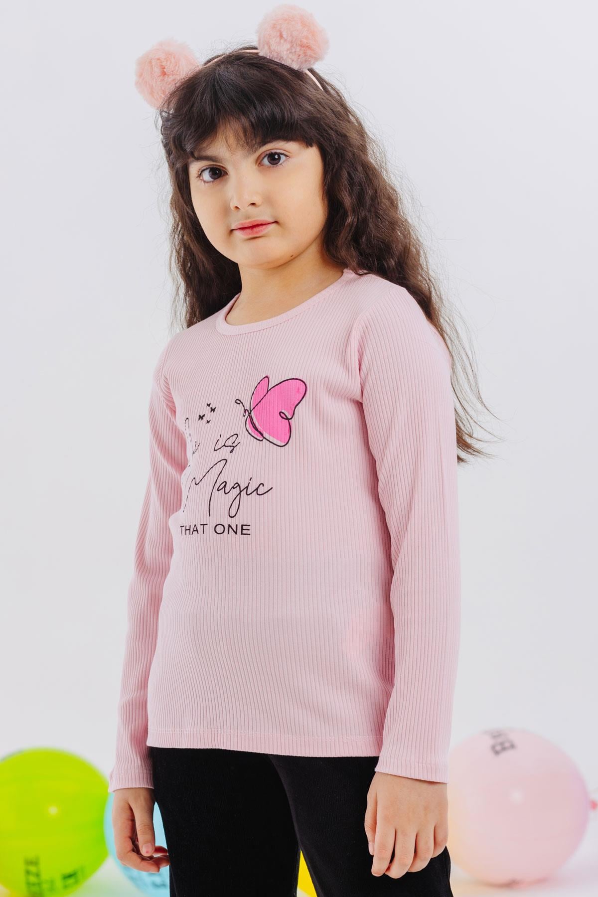 Breeze Kız Çocuk Uzun Kollu Tişört Kelebek Baskılı Pembe (4-8 Yaş)