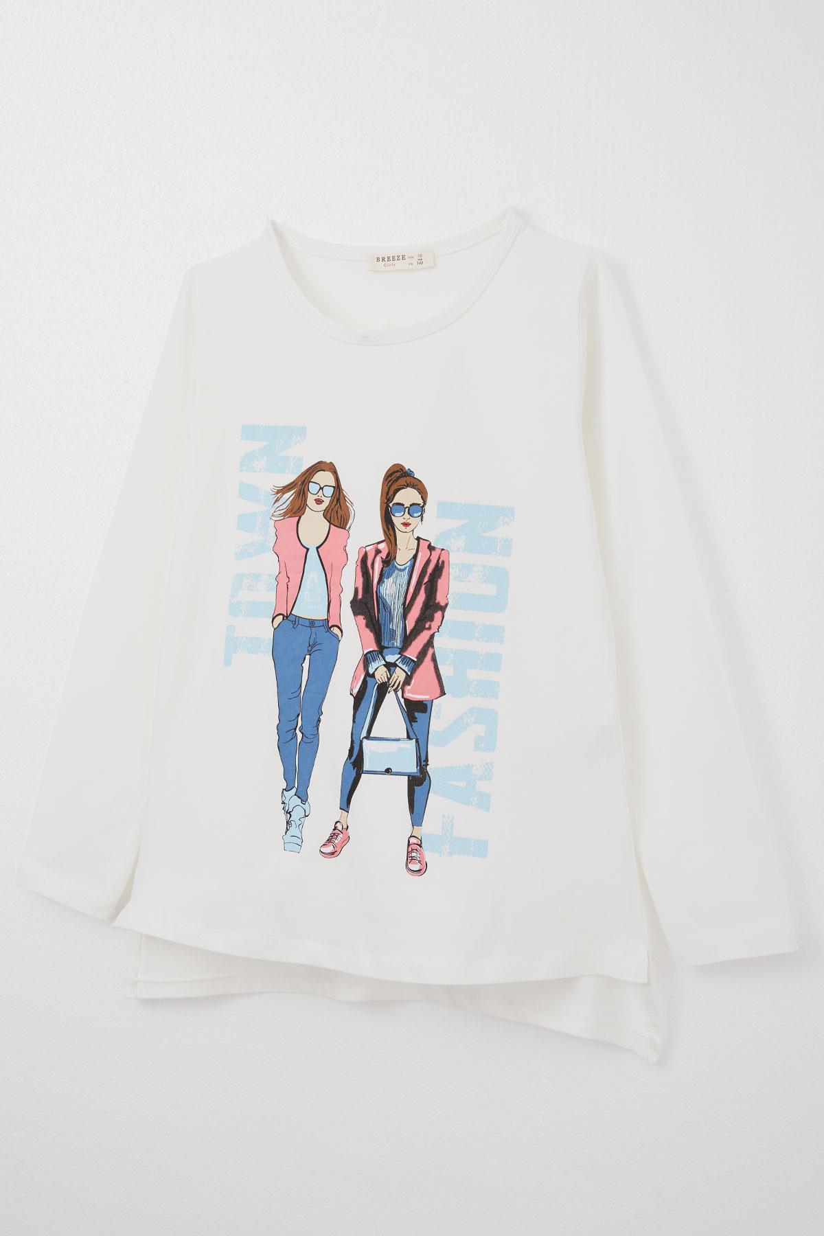 Breeze Kız Çocuk Uzun Kollu Tişört Moda Temalı Kız Baskılı Ekru (10-16 Yaş)