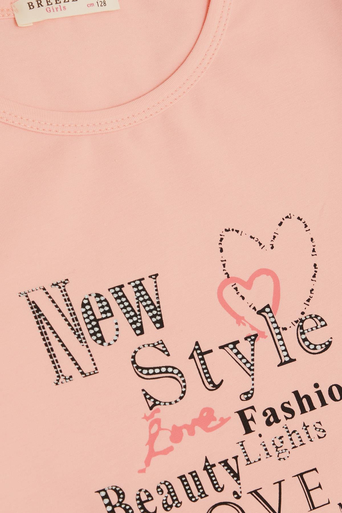 Breeze Kız Çocuk Uzun Kollu Tişört Moda Temalı Yazı Baskılı Somon (6-12 Yaş)