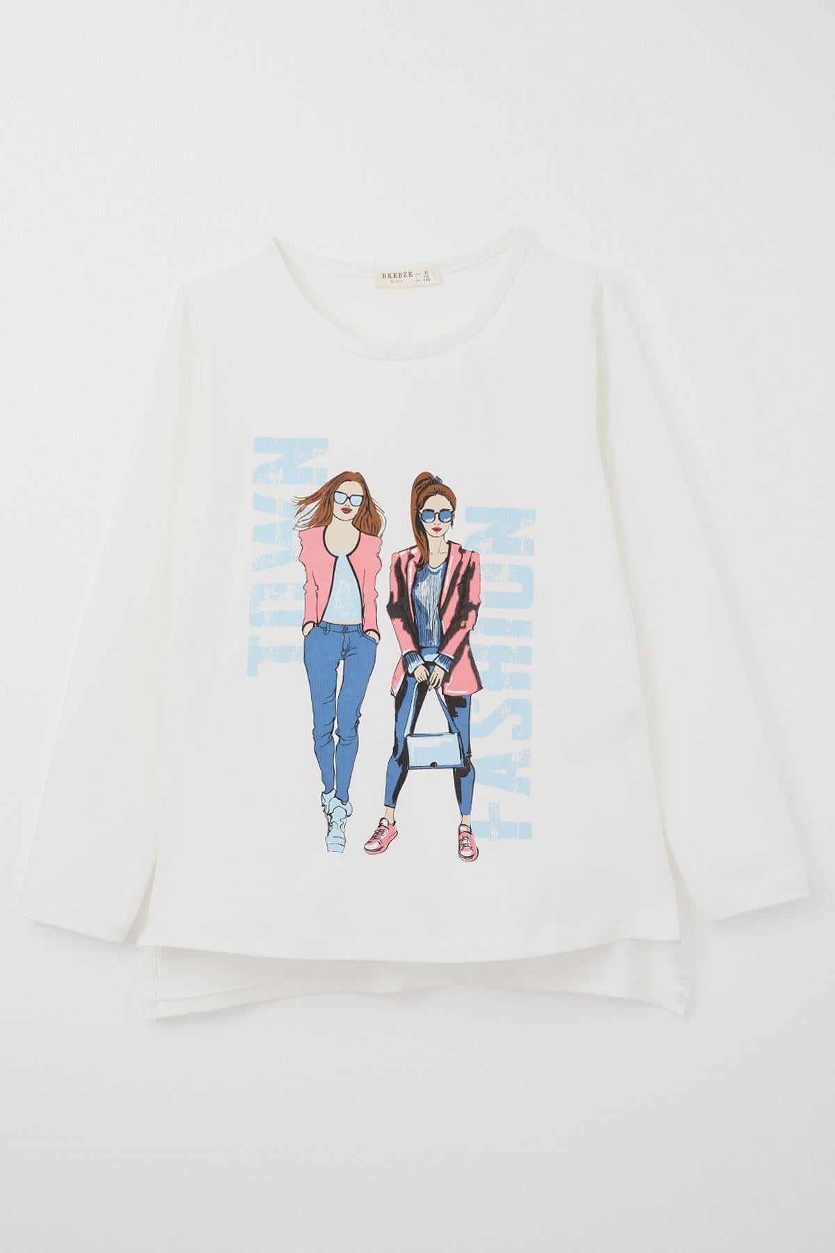Breeze Kız Çocuk Uzun Kollu Tişört Moda Temalı Kız Baskılı Ekru (10-16 Yaş)
