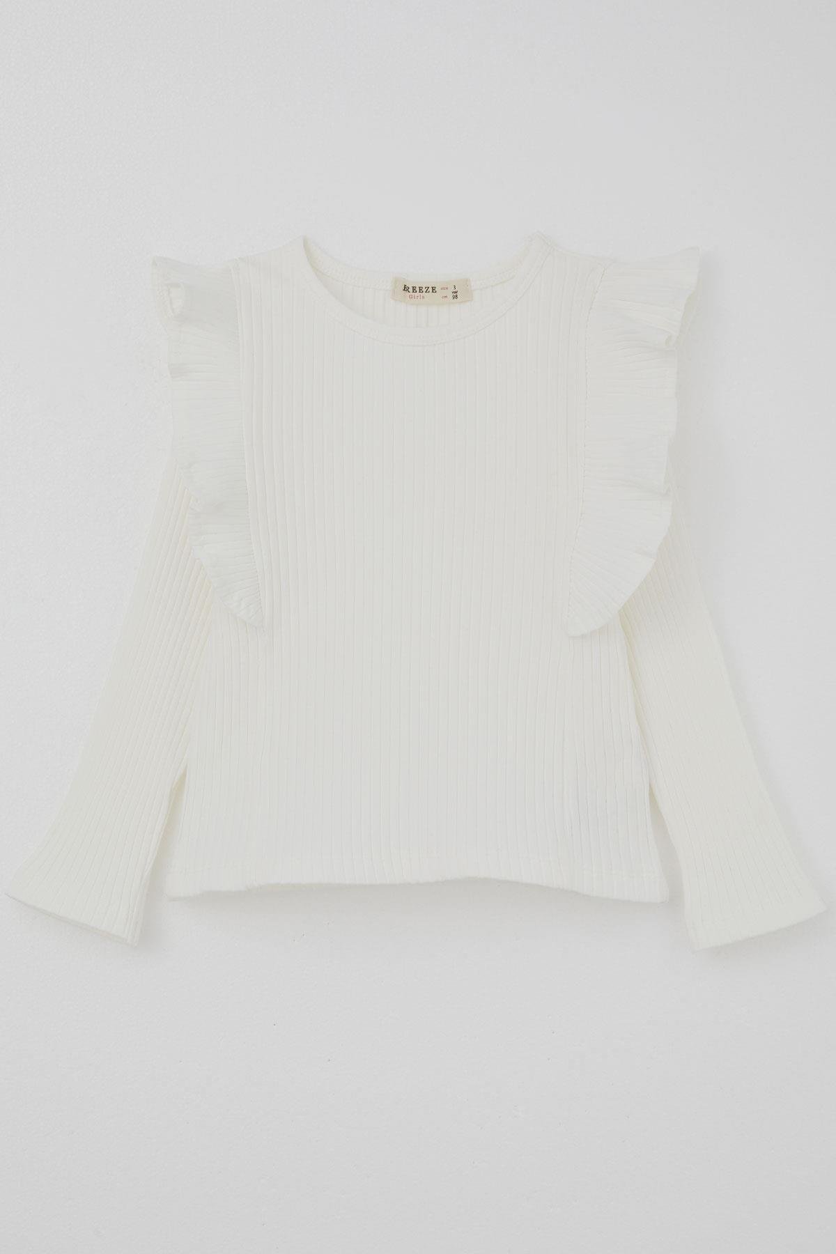 Breeze Kız Çocuk Uzun Kollu Tişört Omuzu Fırfır Detaylı Ekru (3-4 Yaş)