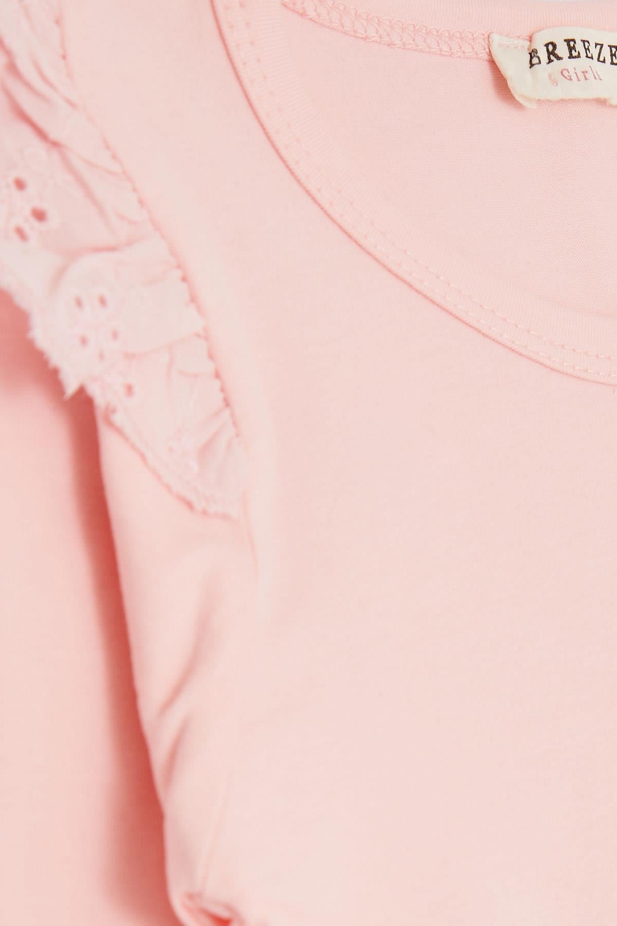 Breeze Kız Çocuk Uzun Kollu Tişört Omuzu Güpürlü Pembe (3-7 Yaş)