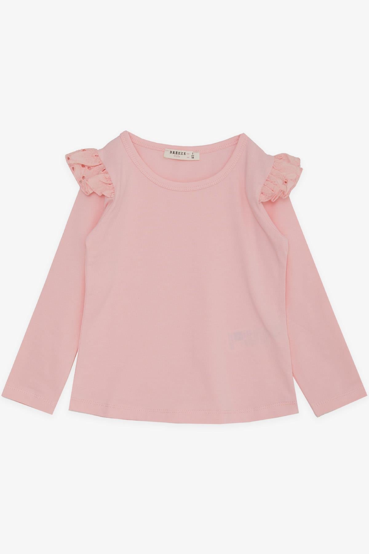 Breeze Kız Çocuk Uzun Kollu Tişört Omuzu Güpürlü Pembe (3-7 Yaş)