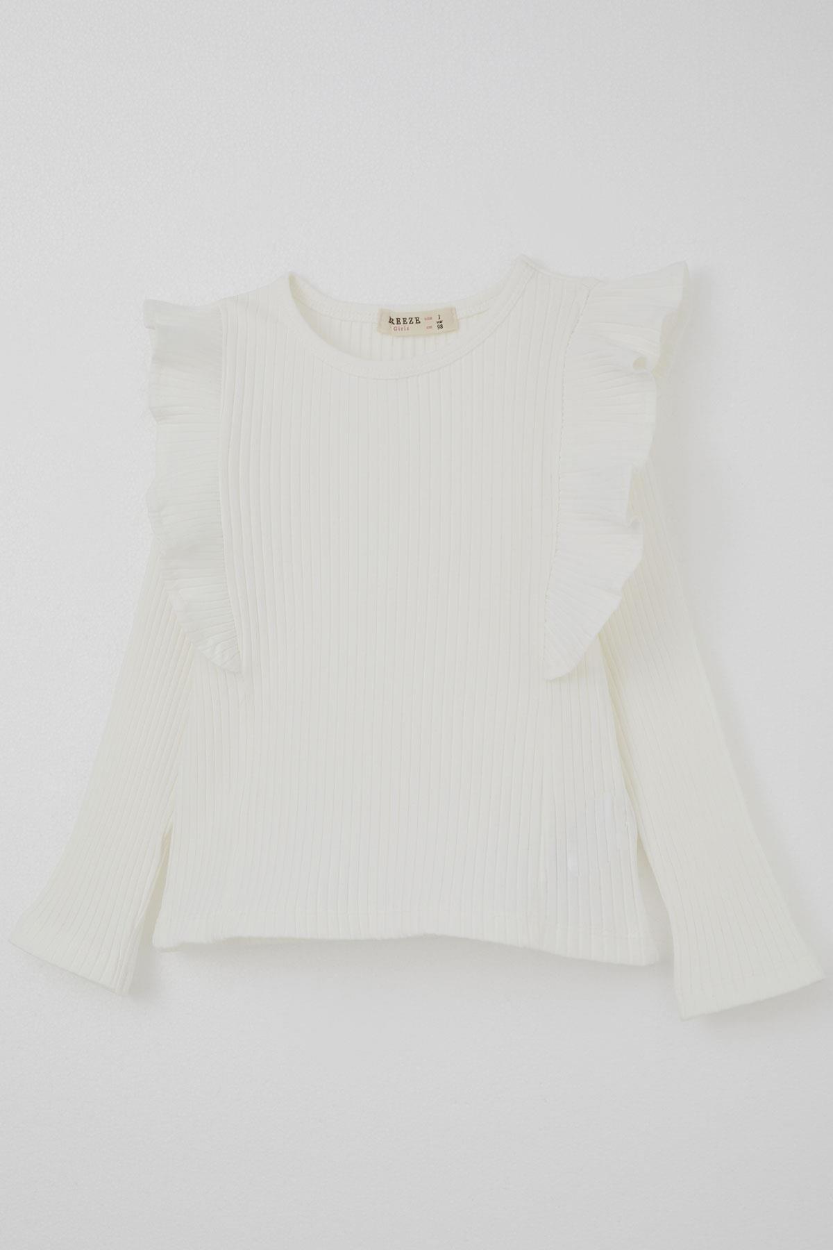 Breeze Kız Çocuk Uzun Kollu Tişört Omuzu Fırfır Detaylı Ekru (3-4 Yaş)
