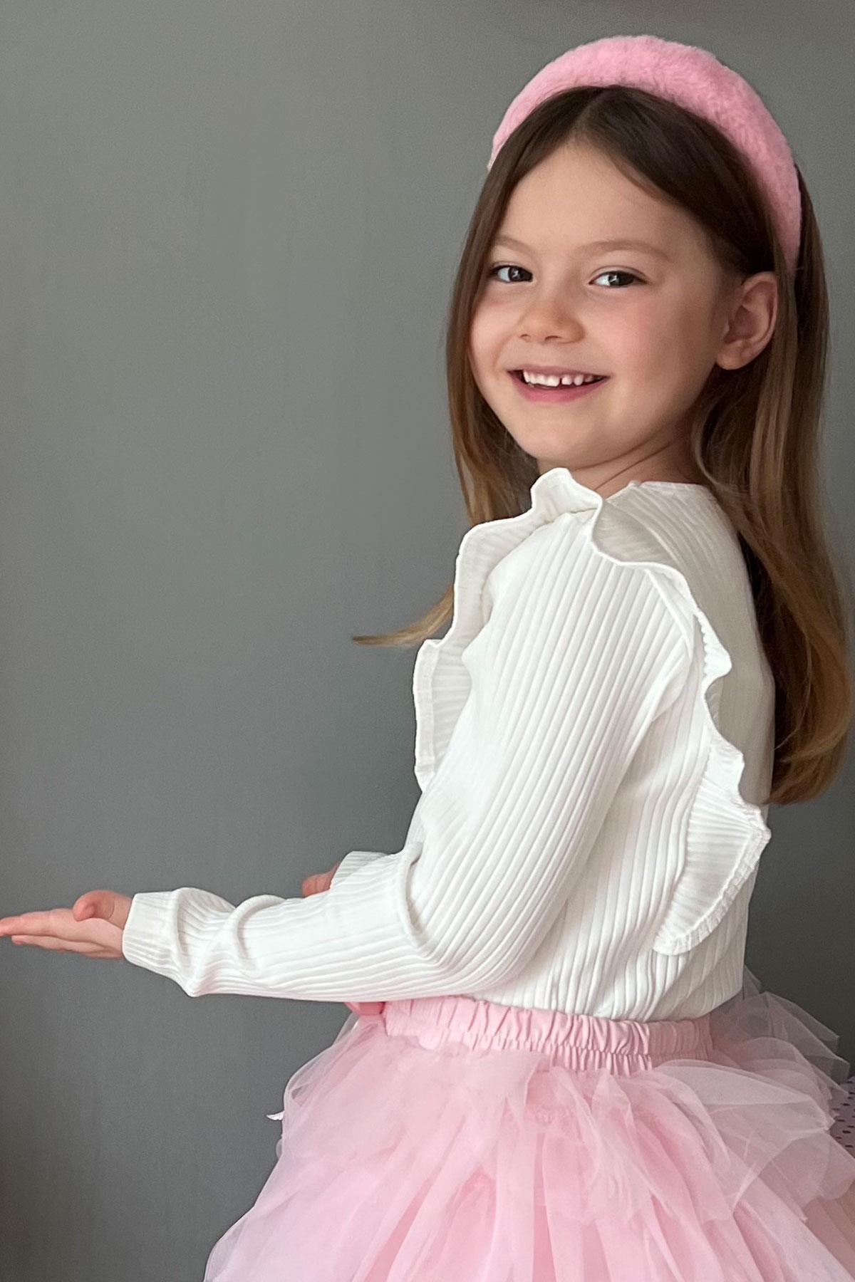 Breeze Kız Çocuk Uzun Kollu Tişört Omuzu Fırfır Detaylı Ekru (3-4 Yaş)