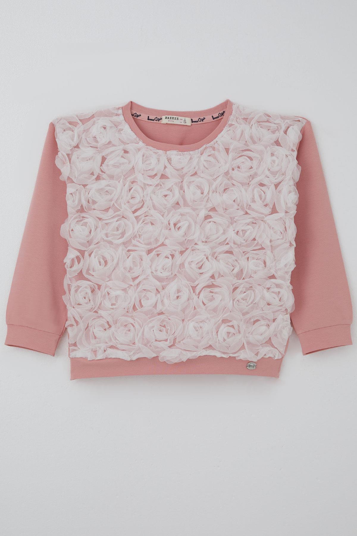 Breeze Kız Çocuk Uzun Kollu Tişört Organze Kabartmalı Gül Detaylı Gülkurusu (6-12 Yaş)