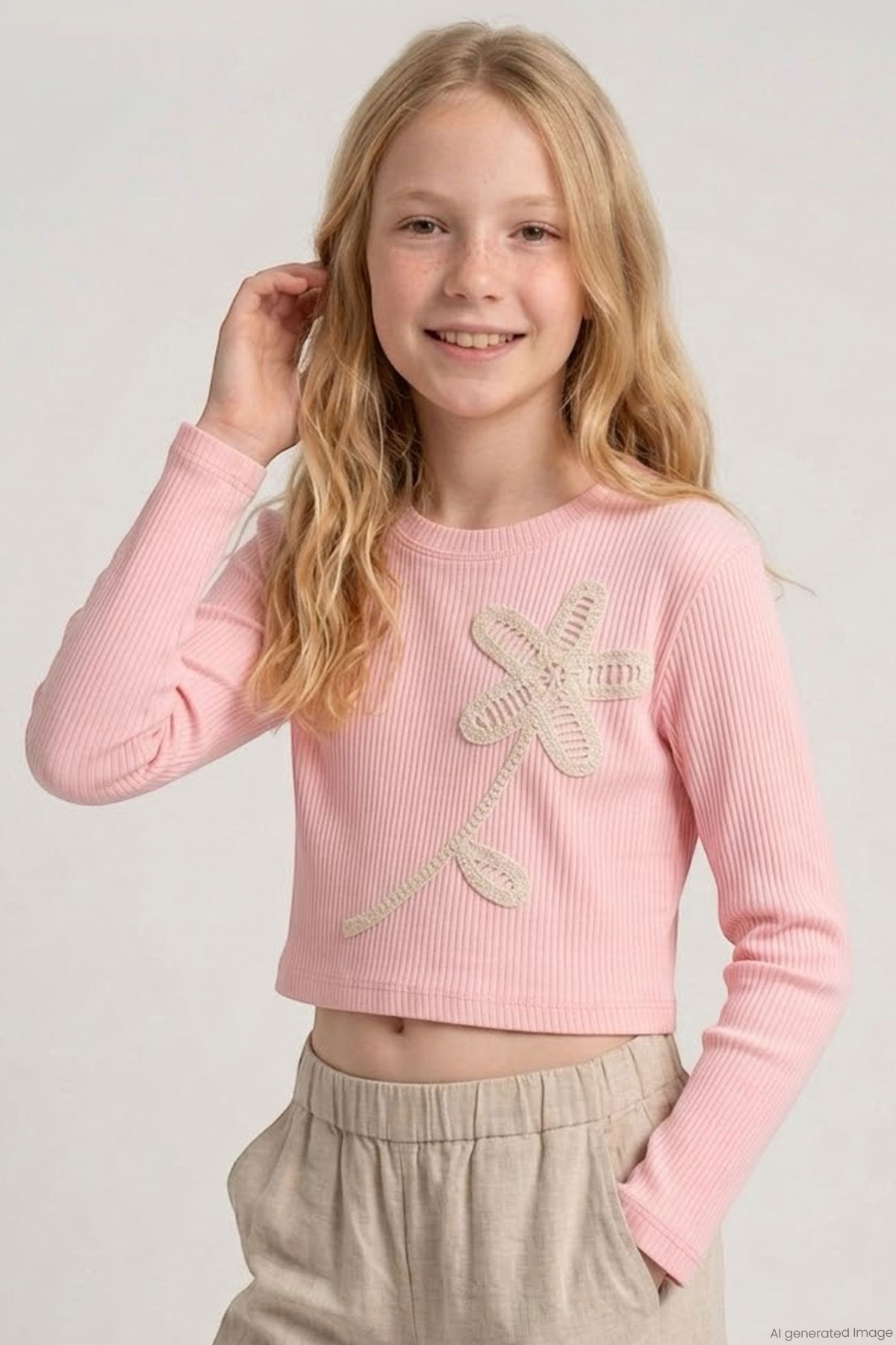 Breeze Kız Çocuk Uzun Kollu Tişört Örgü Çiçek Aplikeli Pembe (6-12 Yaş)