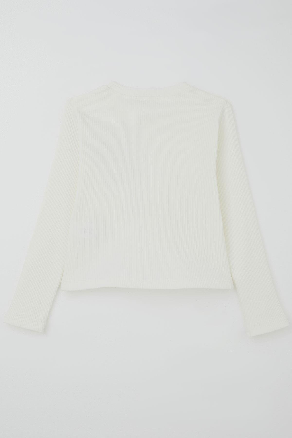 Breeze Kız Çocuk Uzun Kollu Tişört Örgü Çiçek Aplikeli Ekru (6-12 Yaş)