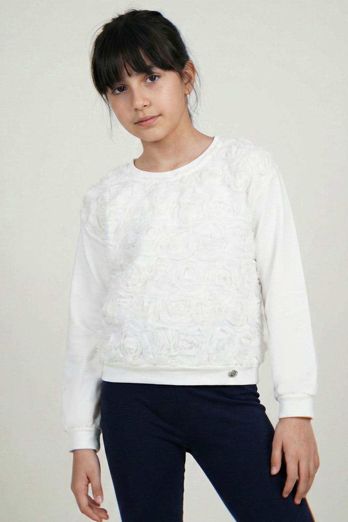 Breeze Kız Çocuk Uzun Kollu Tişört Organze Kabartmalı Gül Detaylı Ekru (6-12 Yaş)