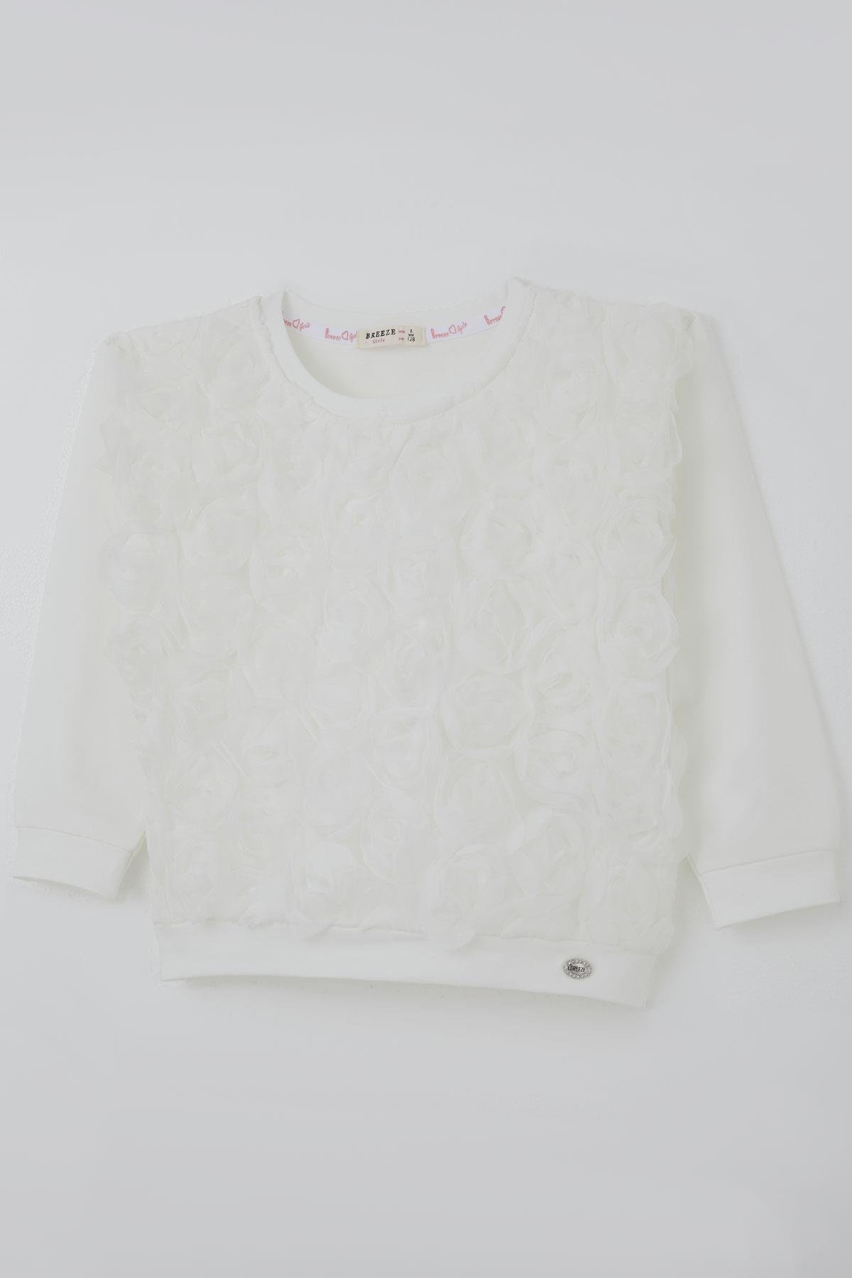 Breeze Kız Çocuk Uzun Kollu Tişört Organze Kabartmalı Gül Detaylı Ekru (6-12 Yaş)