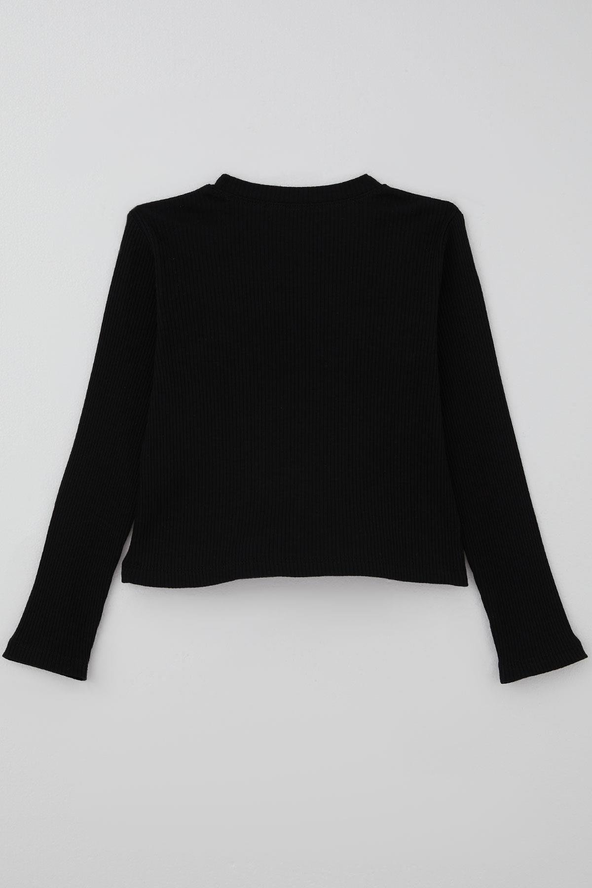 Breeze Kız Çocuk Uzun Kollu Tişört Örgü Çiçek Aplikeli Siyah (6-12 Yaş)