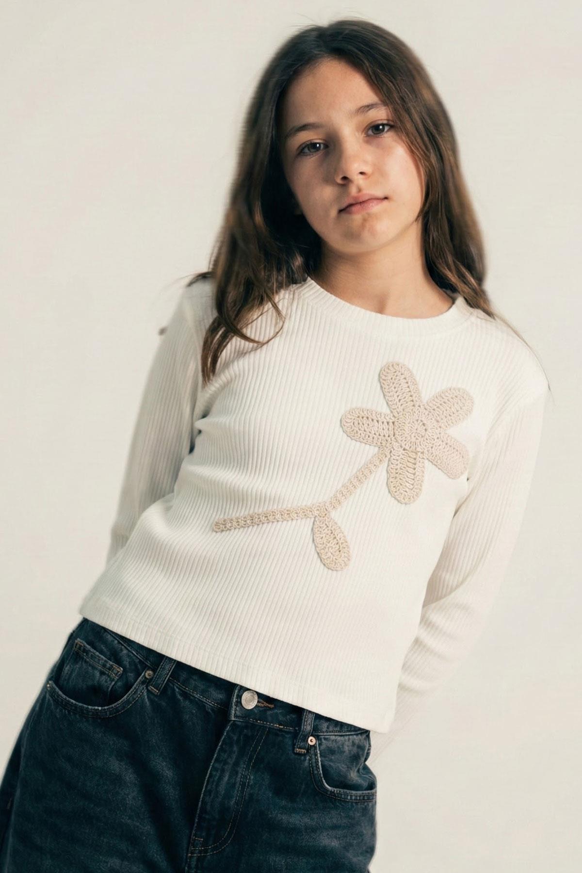 Breeze Kız Çocuk Uzun Kollu Tişört Örgü Çiçek Aplikeli Ekru (6-12 Yaş)