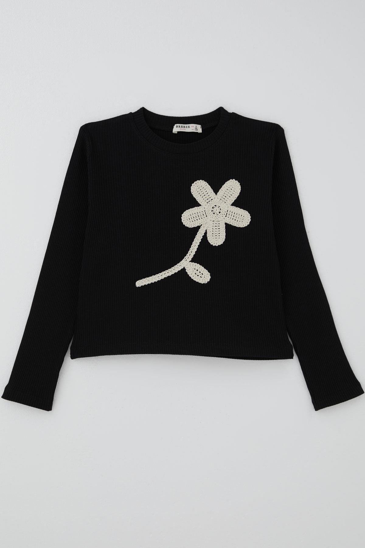 Breeze Kız Çocuk Uzun Kollu Tişört Örgü Çiçek Aplikeli Siyah (6-12 Yaş)