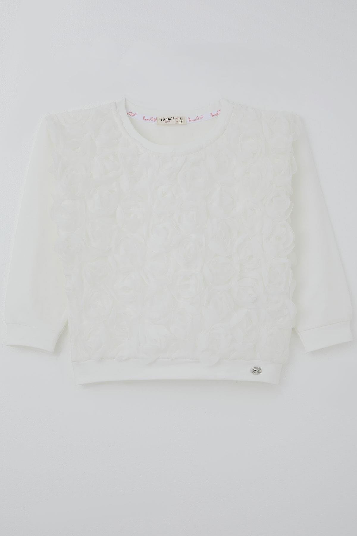 Breeze Kız Çocuk Uzun Kollu Tişört Organze Kabartmalı Gül Detaylı Ekru (6-12 Yaş)