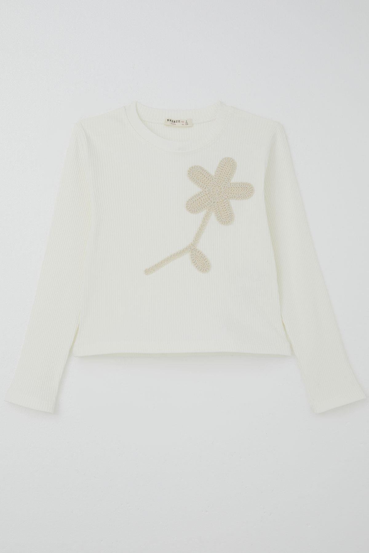 Breeze Kız Çocuk Uzun Kollu Tişört Örgü Çiçek Aplikeli Ekru (6-12 Yaş)