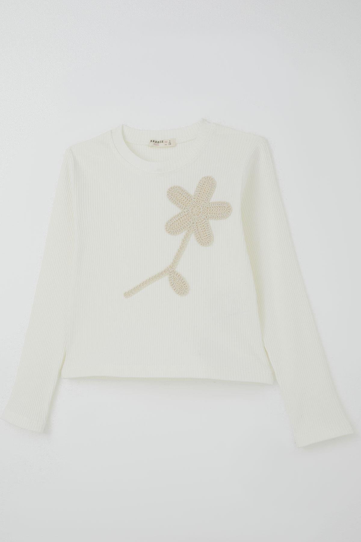 Breeze Kız Çocuk Uzun Kollu Tişört Örgü Çiçek Aplikeli Ekru (6-12 Yaş)