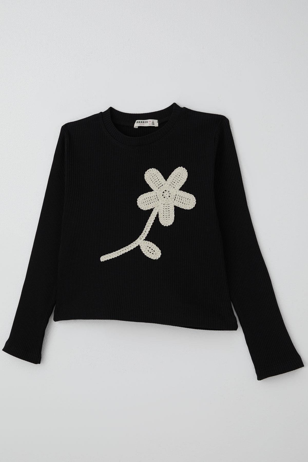 Breeze Kız Çocuk Uzun Kollu Tişört Örgü Çiçek Aplikeli Siyah (6-12 Yaş)